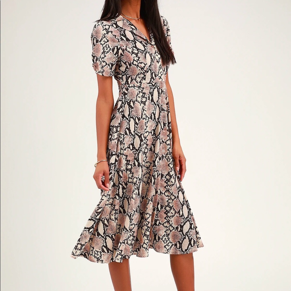 Beige Snake Print Collared Midi Dress